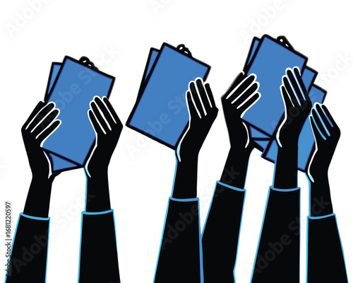 Multiple hands holding up blue documents or papers in a stylized illustration