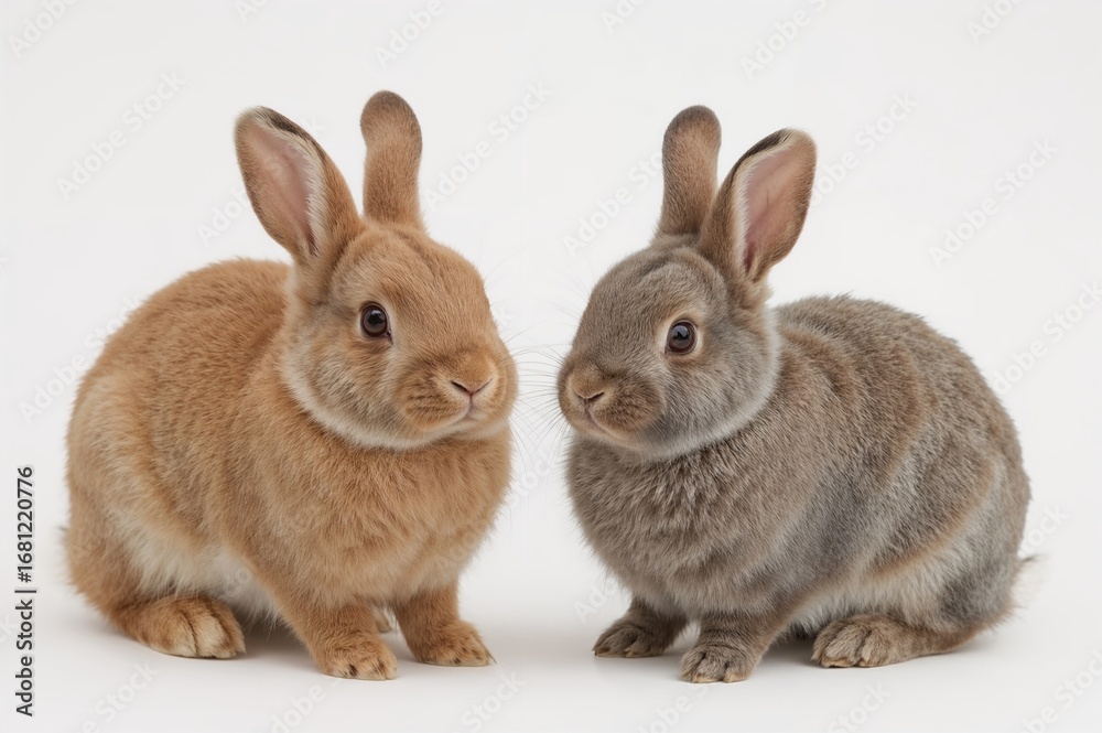 Fototapeta premium The adorable brown and gray rabbits belong to one family, showcasing their shiny and attractive fur.