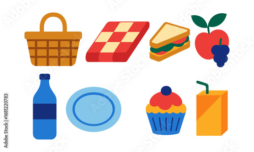 Picnic icons: basket, food, drink, fruit, flat style
