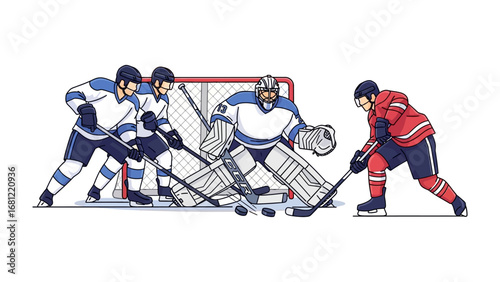 Ice Hockey Clash: An illustrative depiction of an intense ice hockey match, capturing a moment of competitive action and teamwork. Featuring hockey player, net, and puck.
