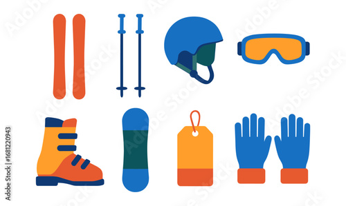 Flat design winter sports equipment set featuring ski gear and snowboarding essentials
