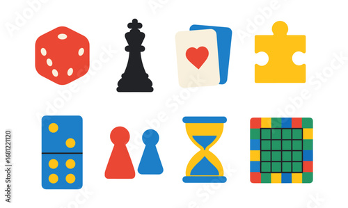 Flat style gaming icons: dice, chess, puzzle, domino, cards, and more