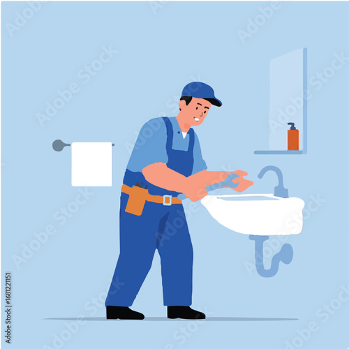 Plumber Repairing Sink in Bathroom