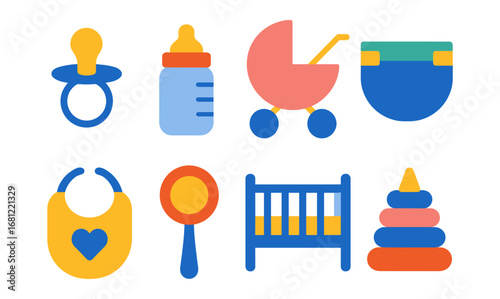 Colorful baby essentials set: bottles, rattle, crib, pacifier and more in flat design