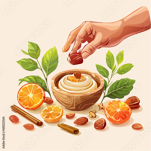 Hand Adding Dates to a Wooden Bowl of Creamy Dessert with Citrus Fruits and Almonds