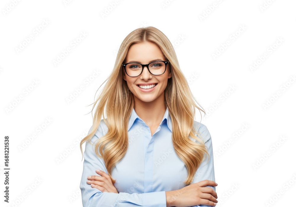 Fototapeta premium Smiling businesswoman with glasses isolated on transparent background