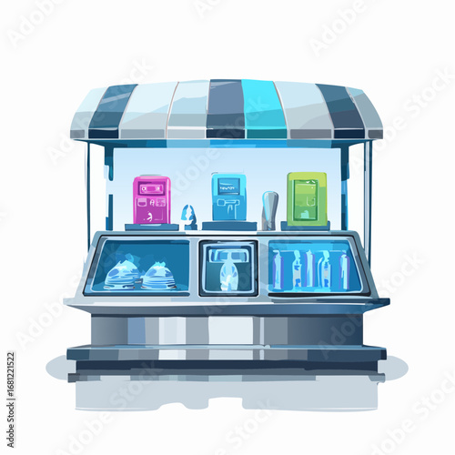 Modern Food Kiosk With Colorful Awning and Digital Displays