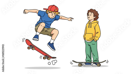 Skateboarding Fun: Dynamic illustration of two boys skateboarding, with one executing a jump, embodying youthful energy, action, and the excitement of urban sports.