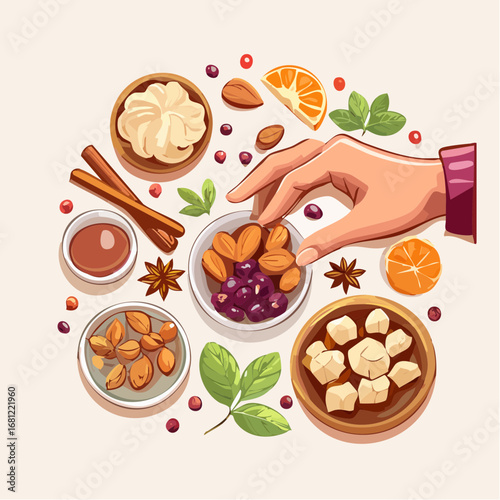 Woman's Hand Arranging Ingredients for Baking: Almonds, Cherries, Cinnamon, Honey, and Citrus