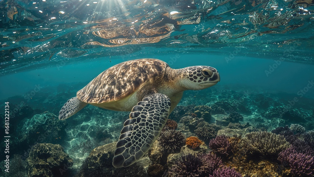 Obraz premium The stunning green sea turtle (Chelonia mydas) inhabiting vibrant coral reefs