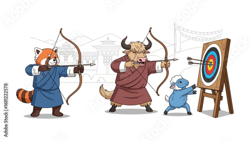Archery Competition: A whimsical illustration captures three animals practicing archery with the target, embodying the spirit of precision, competition, and cultural heritage.