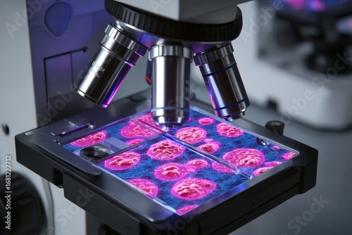 Medical technology concept. Microscope view of colorful cells on a glass slide.