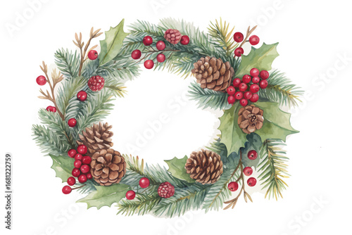 Watercolor Christmas Wreath with Pine Cones and Red Berries Isolated on White