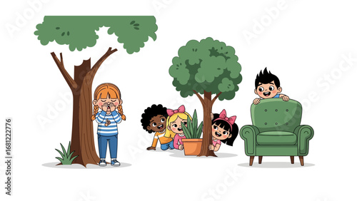 Hide-and-Seek Adventure: A vibrant illustration portrays a playful group of children engrossed in a spirited game of hide-and-seek within a cheerful outdoor environment.