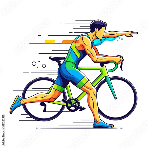 Triathlon Athlete in Action: Dynamic illustration of a triathlete transitioning between cycling and running, embodying energy, speed, and endurance. 