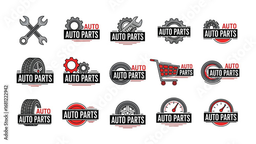 Automotive Parts Logos: A compilation of sleek, detailed logos designed for automotive parts businesses. Featuring wrenches, gears, tires, and other related iconography.