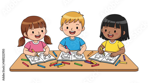 Creative Harmony: A trio of young children of various ethnicities collaborate, each absorbed in their own drawing within a shared space, showcasing artistic expression and cultural diversity