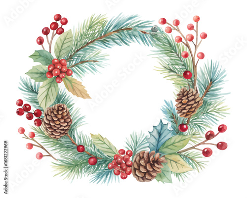 Watercolor Christmas Wreath with Pine Cones and Red Berries Isolated on White