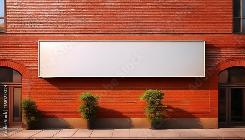 red brown brick building on the building is a long rectangular blank sign mockup