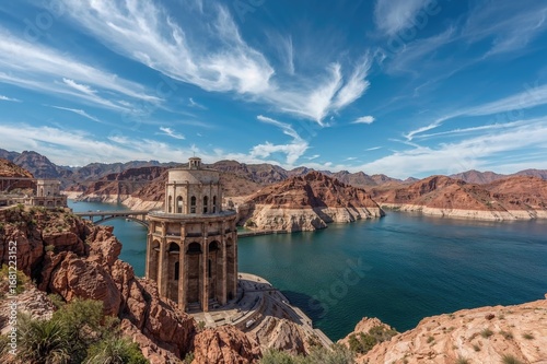 The iconic Hoover Dam spanning the Colorado River and adjacent to Lake Meade in Arizona