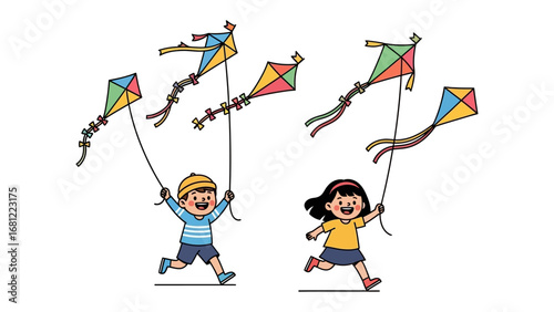 Soaring Joy: Delightful illustration featuring two children playfully running, their vibrant kites dancing in the wind, symbolizing freedom, imagination, and the carefree spirit of childhood. 