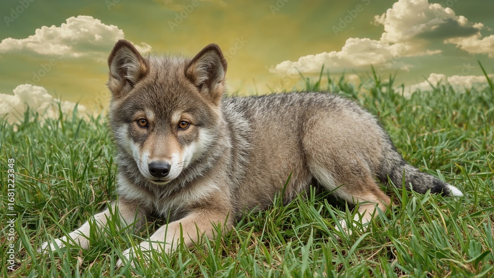 Naklejka premium Juvenile gray wolf pup resting in lush green vegetation.