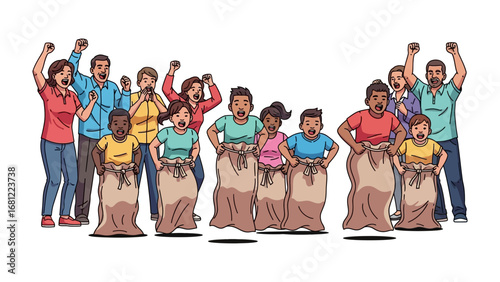 Sack Race Thrills and Cheers: A vibrant illustration captures the joyful essence of a sack race, where competitors hop with determination. Around them.