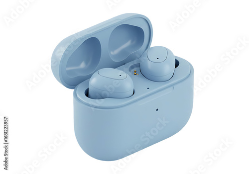 Light blue wireless earbuds with charging case isolated on transparent background