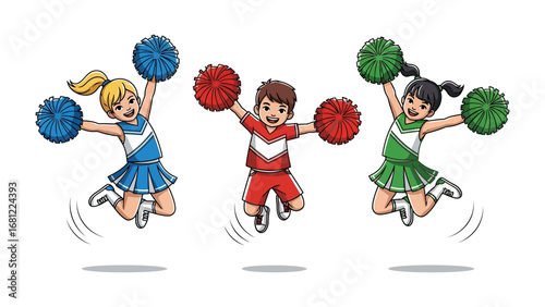 Energy Unleashed: Vibrant cheerleader trio demonstrates high energy and synchronized moves with colorful pom-poms. This image captures the essence of school spirit and the joy of performance.