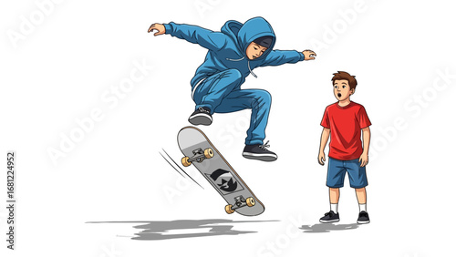 Skateboarding Acrobatics: A dynamic illustration captures a skateboarder mid-air, showcasing the thrill of skateboarding, with the person in awe of the skills