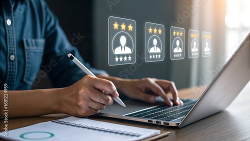 A person is using a laptop for online customer reviews, showcasing feedback, satisfaction, and service quality ratings for business reputation and product performance evaluation