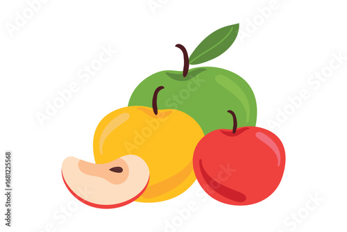Set of ripe green, yellow and red apples with leaves, isolated on white background. Vector