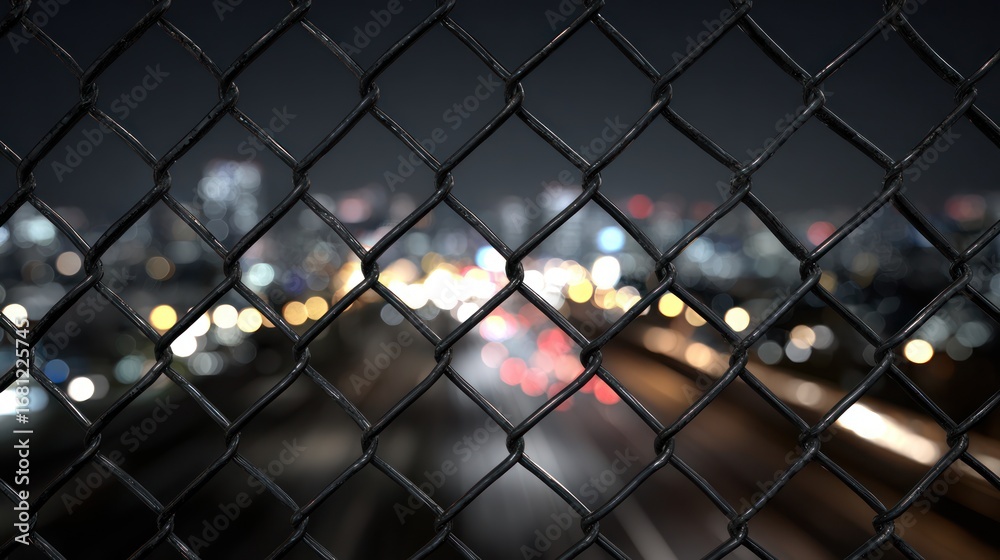 Fototapeta premium Cityscape through chain link fence at night