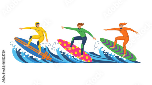 Surfers riding the waves: A vibrant illustration of three surfers riding the crests of the waves, showcasing dynamic movement and the thrill of surfing in a vivid aquatic scene. 
