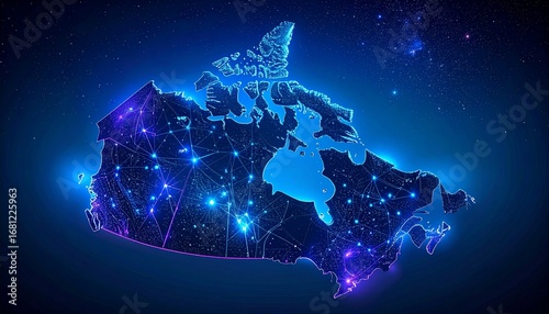 Abstract representation of Canada's digital network, showcasing futuristic technology, connectivity, and big data flow on a glowing map