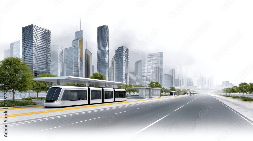 Fototapeta premium A sleek tram station in a futuristic urban landscape, showcasing modern architecture and a broad road lined with skyscrapers and greenery.