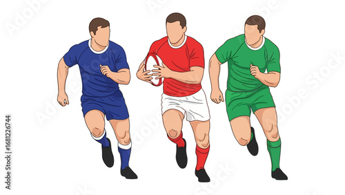 Rugby Players in Motion: A dynamic illustration captures the essence of rugby, with three players in vibrant uniforms engaged in intense action, showcasing athleticism and teamwork.