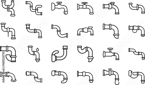 Collection of plumbing pipe and faucet line art icons vector