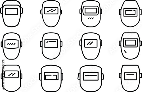 Collection of welding mask line art icons on white background helmet protection