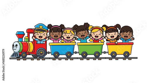 Childhood Adventure: A whimsical illustration showcases a cheerful train filled with diverse children. Each child's joyful expression and wave suggest the pure happiness of adventure and fun. 