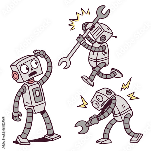 Vector illustration of Cartoon robots with wrenches, one confused, one running, one fixing