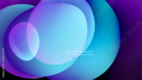 Abstract shapes overlap, creating vibrant blue, purple gradients. Dark background emphasizes luminous forms. Modern design element.