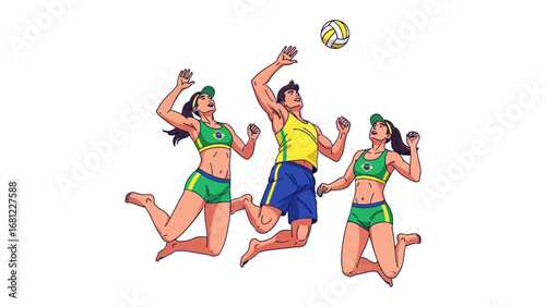 Beach Volleyball: A group of athletes, dressed in sportswear, leaps high to engage in a dynamic game of beach volleyball, under the sun.