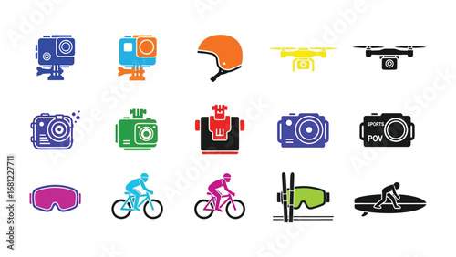 Adventure Gear Icon Array: A dynamic collection of graphic resources, featuring action cameras, drones, protective gear, and adventure sports equipment, perfectly suited for travel, sports.