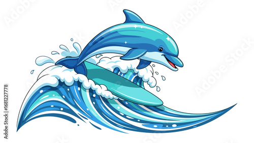 Dolphin Surfing the Wave: A vibrant and joyful illustration of a playful dolphin riding a cresting wave on a surfboard, against a background of white. A symbol of freedom, adventure.
