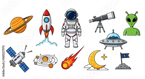 Illustration of space elements including astronaut, rocket, and celestial bodies