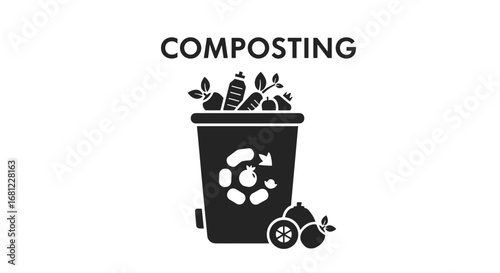 Illustration of a black compost bin filled with organic waste and food scraps