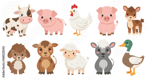 Illustration of various cartoon farm animals including cow pig chicken and sheep