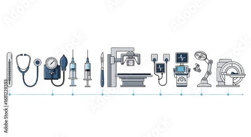 Illustration showcasing a variety of medical equipment and diagnostic tools neatly aligned