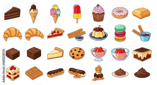 Assortment of desserts including cakes ice cream and pastries on white background
